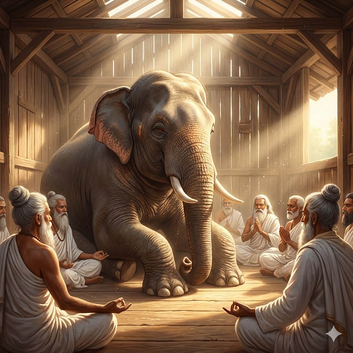 Арт изображающий мудрецов обучающих слона добродетели в солнечном стойле символизирующий исправление