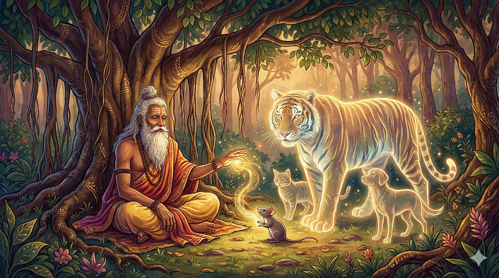 Седой индийский мудрец общается с мышью около светящегося тигра, кота и собаки в лесу, сюжет притчи о гордыне
