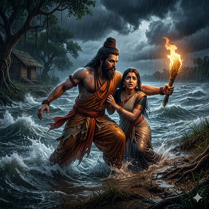 Цифровой арт отшельника, спасающего женщину из бурной реки, иллюстрирующий сострадание в джатаке.
