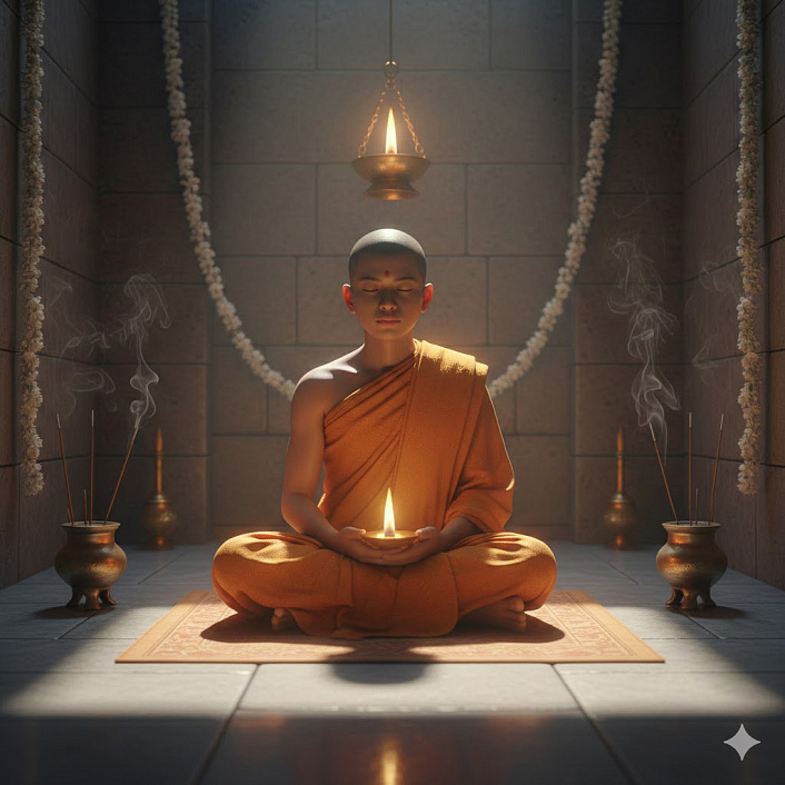 3D-арт монаха Рахулы в медитации среди цветочных гирлянд, символизирующий строгое соблюдение монашеской дисциплины