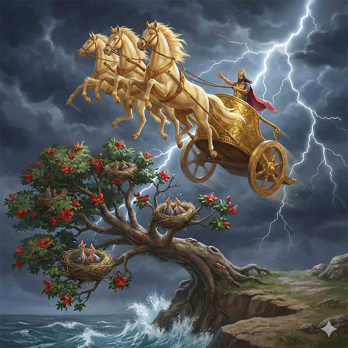 Эпический арт летающей колесницы Сакки спасающей птенцов гаруд в буддийской мифологии