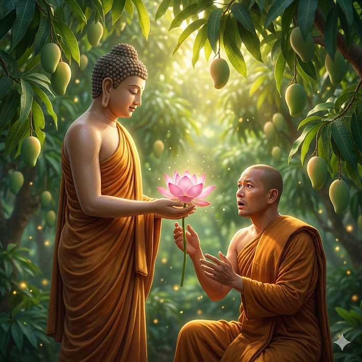 Арт Будды вручающего розовый лотос монаху в роще как символ искусных средств обучения