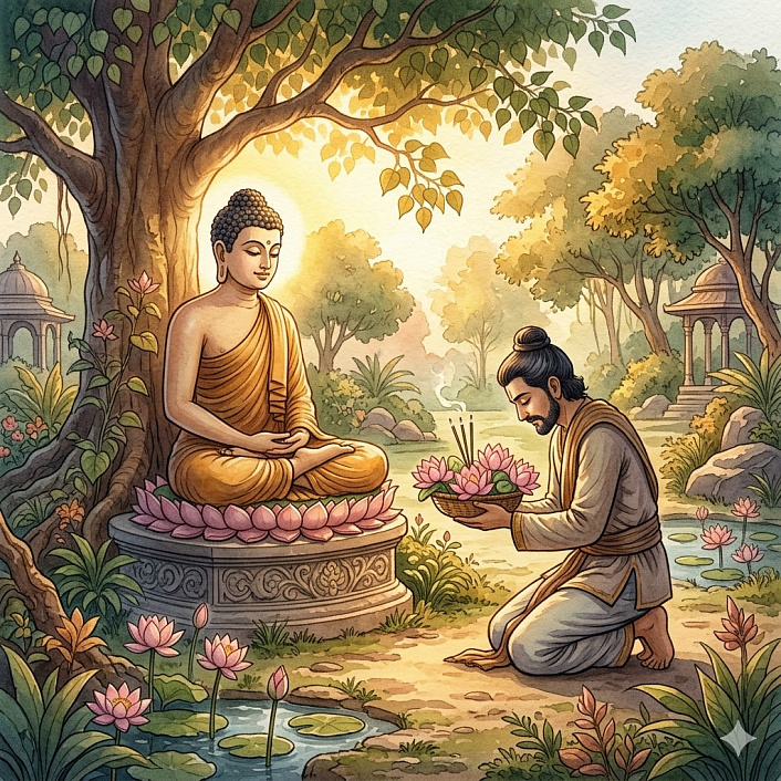 Упасака с почтением преподносит цветы Будде. Поиск духовного пути и мудрости.