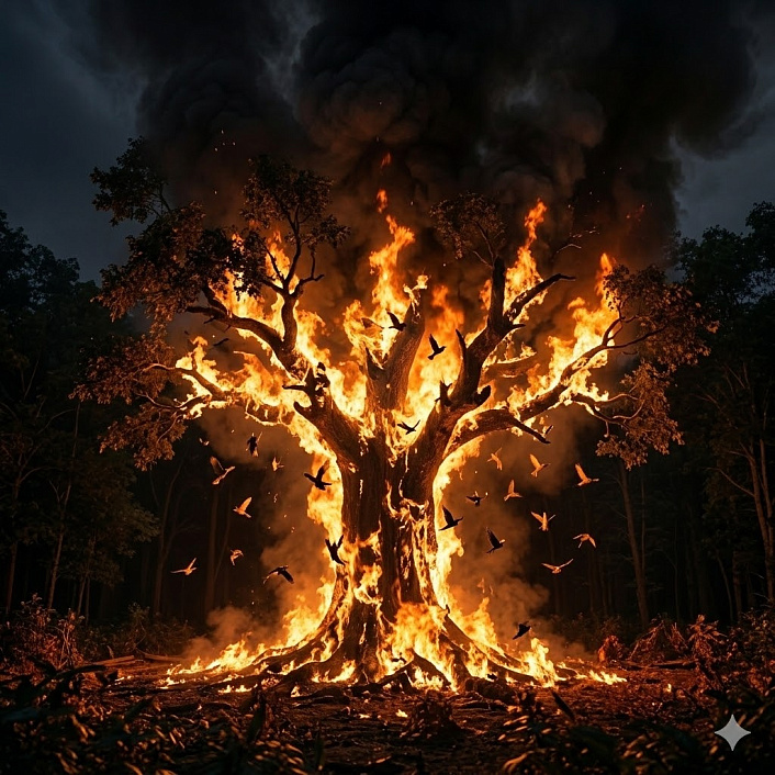 3D-арт пылающего дерева, поглощающего стаю птиц, символизирующий последствия невежества.