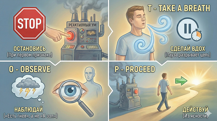 Инфографика алгоритма STOP для контроля эмоций: остановка реакции, дыхание, наблюдение гнева и осознанное действие