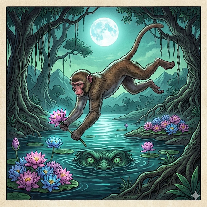 Фото арт прыжок обезьяны над озером срывая лотосы в воздухе не касаясь воды