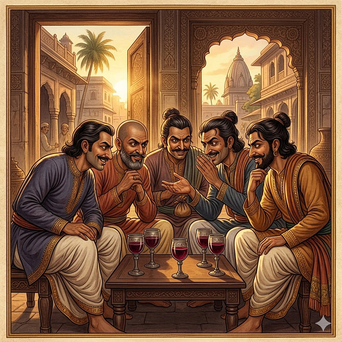 Группа пьяниц готовит отравленное вино. Иллюстрация коварного замысла мошенников из джатаки.