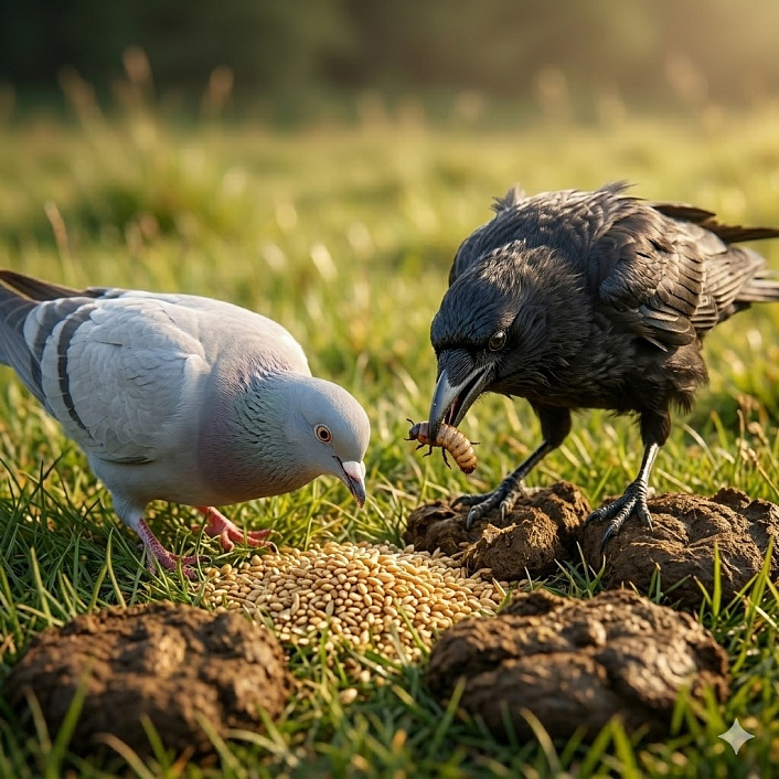 Иллюстрация голубя и ворона, собирающих разную пищу на лугу, показывающая различие их духовных путей