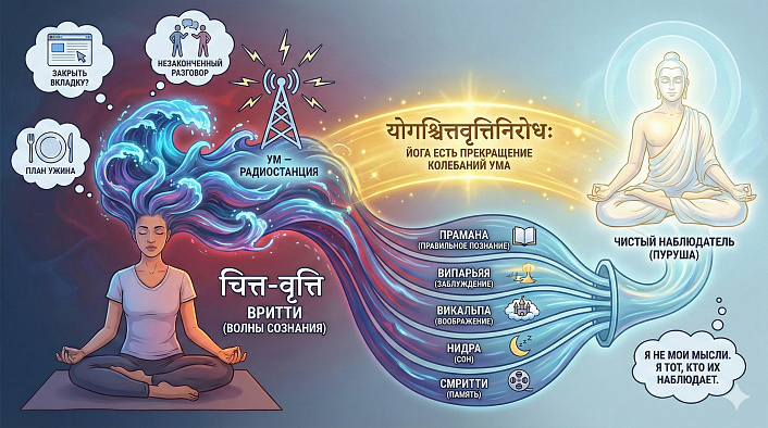 Схема отличия вритти от Пуруши: медитирующий наблюдает 5 видов колебаний ума, не отождествляясь с ними согласно йоге