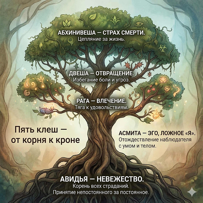 Инфографика дерева пяти клеш показывает связь причин страданий от корня авидьи до кроны страха смерти в философии йоги.