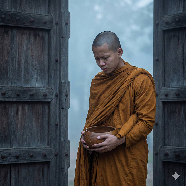 Цифровой арт грустного монаха у ворот монастыря передающий чувство одиночества
