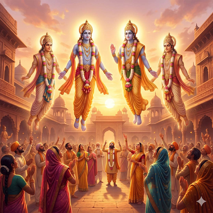 Цифровой арт. Четыре божества в гирляндах парят над толпой. Джатака о цветке Каккару