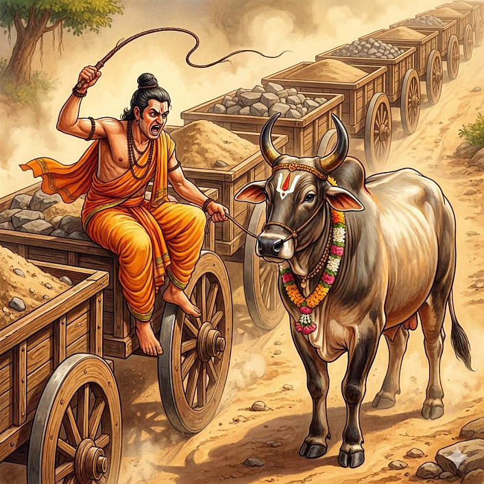 Арт разозленного брахмана кричащего на неподвижного быка в упряжке как пример вреда сквернословия