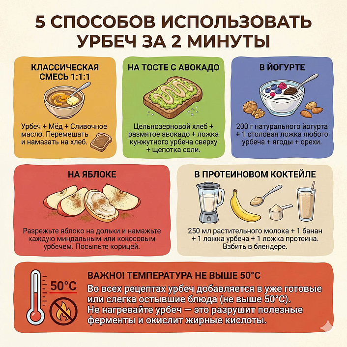 Инфографика 5 рецептов с урбечем: дагестанская смесь, тост с авокадо, смузи и йогурт без термической обработки