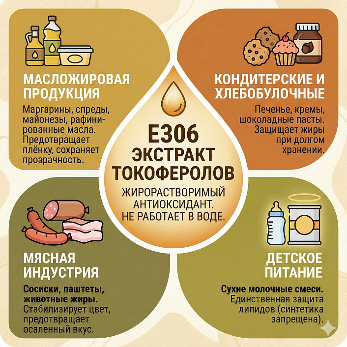 Инфографика сфер применения антиоксиданта Е306 для защиты жиров от окисления в пищевой промышленности и детском питании