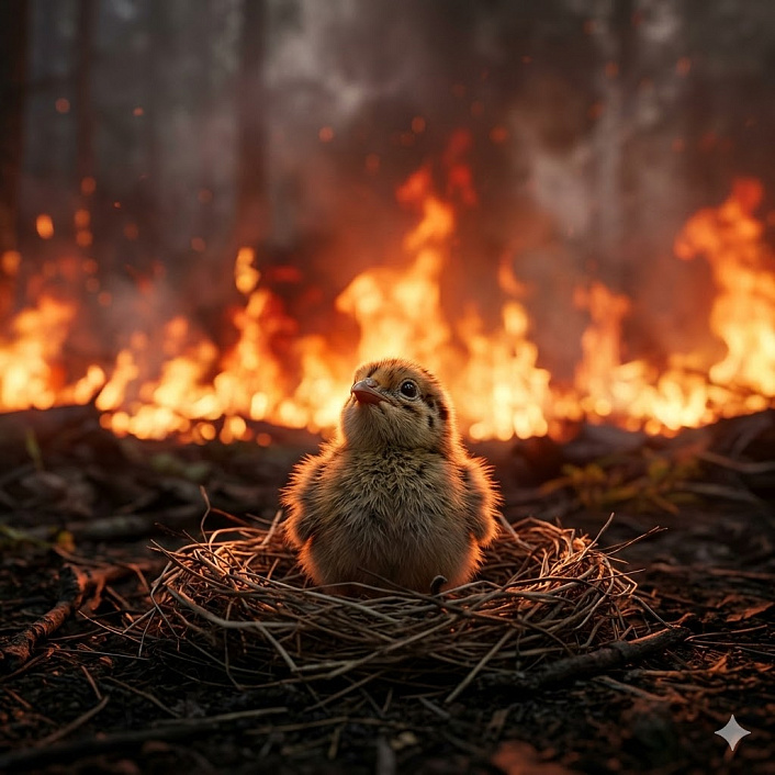 Фотореалистичная иллюстрация птенца перепела, лежащего в гнезде на фоне лесного пожара