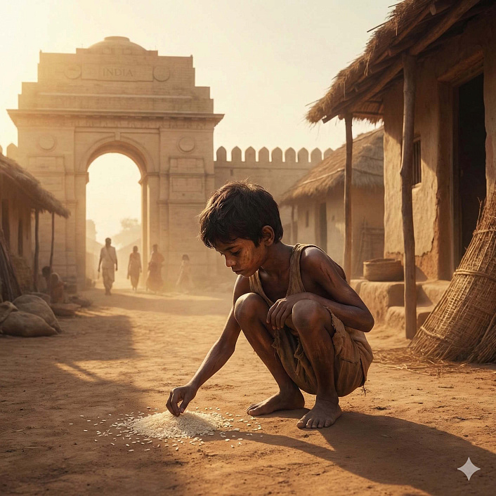 Арт бедного мальчика, собирающего рис из пыли у древних ворот (тяжелые кармические последствия)