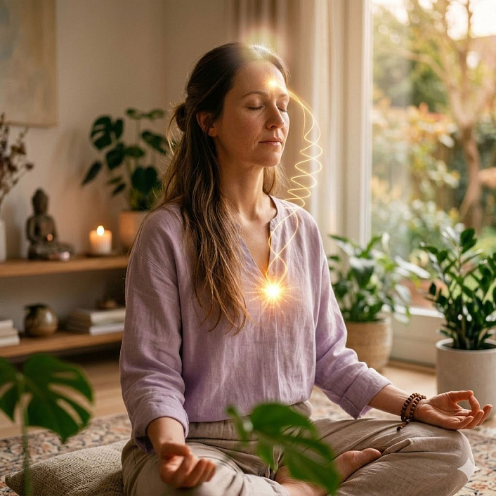 Девушка медитирует в позе лотоса с энергией чакр. Видна светящаяся спираль от лба к сердцу. Йога практика дома.