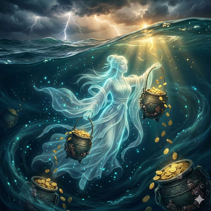 Иллюстрация духа поднимающего со дна океана кувшины с золотом для пополнения казны