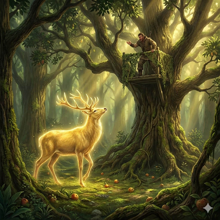 Арт. Золотой олень смотрит на опадающие плоды. Спасение бодхисатты от смертельной ловушки.