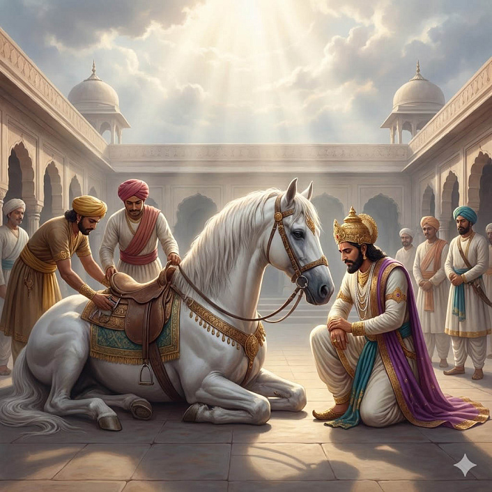 Цифровой арт умирающего скакуна, дающего мудрые наставления царю, отражающий торжество справедливости и дхаммы.