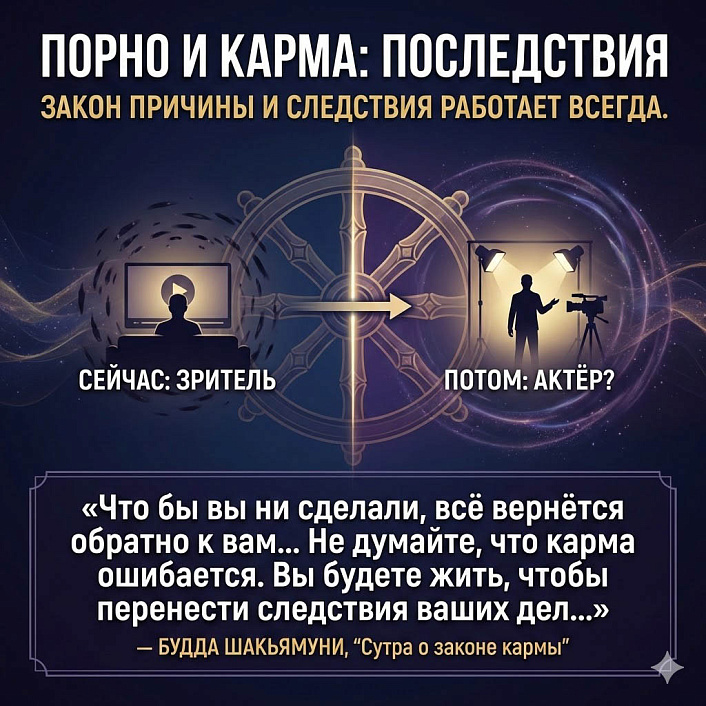 Инфографика кармических последствий просмотра порно. Цитата Будды о законе причины и следствия в духовной практике.