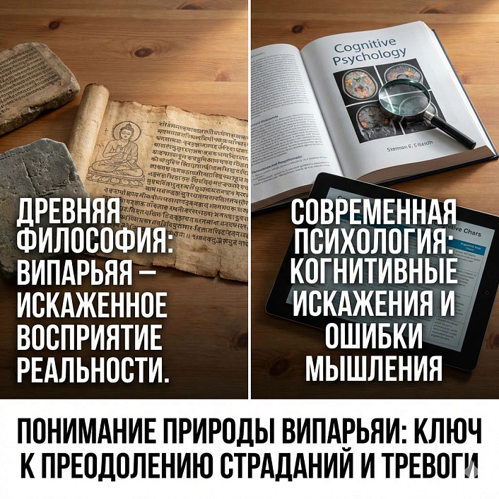 Коллаж о випарьяе в йоге: тревожное отражение в зеркале и изучение мозга через древнюю мудрость и науку для понимания причин страданий