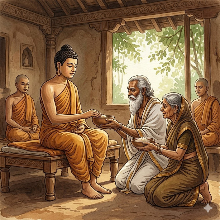 Иллюстрация Будды, принимающего пищу от старой пары, как символ щедрой милостыни.