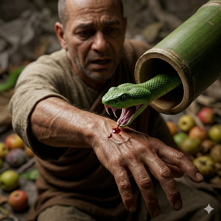 Арт макросъемки зеленой змеи, кусающей в руку монаха, символизирующая трагические последствия упрямства