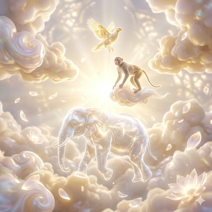 Мистический 3D арт, изображающий вознесение просветленных душ трех животных (слона, обезьяны, куропатки) в небесный мир