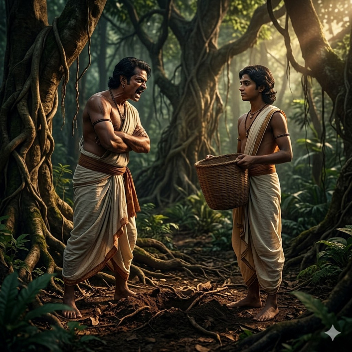 Фото агрессивного слуги с заступом, кричащего на молодого хозяина в лесу. Гордыня и гнев.