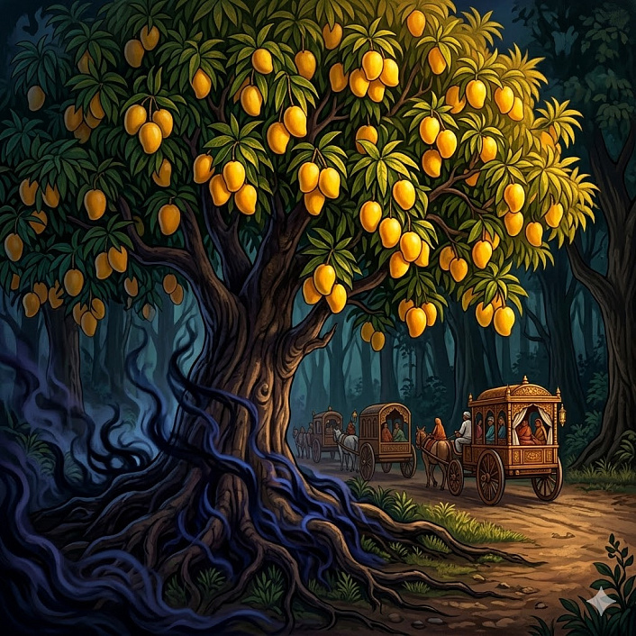 Арт обманчиво прекрасного дерева с ядовитыми плодами манго, ожидающего неосторожных торговцев в лесу.