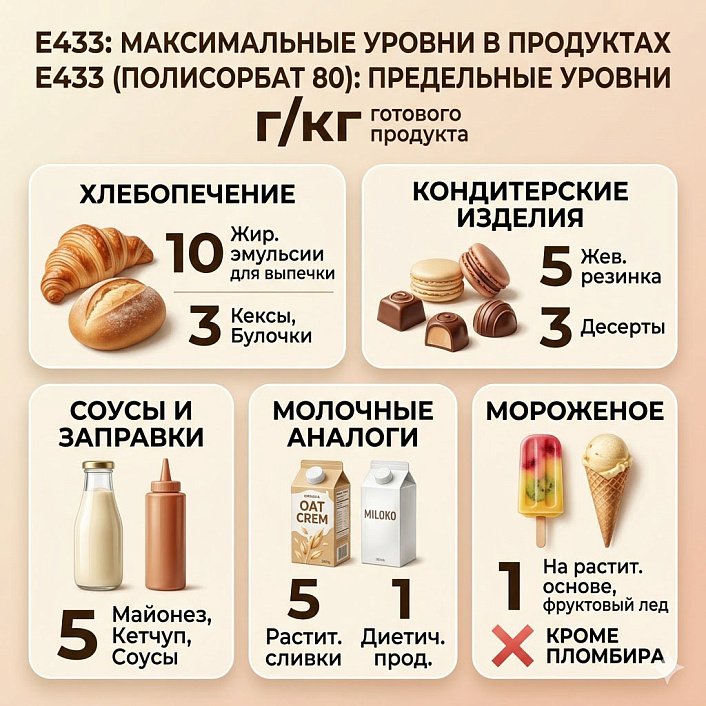 Инфографика предельных уровней E433 (полисорбат 80), распределенных по видам еды для контроля безопасности продуктов.