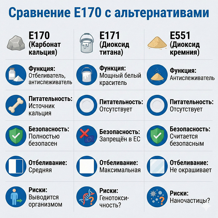 Инфографика свойств карбоната кальция и его аналогов с визуализацией рисков при производстве пищевых продуктов