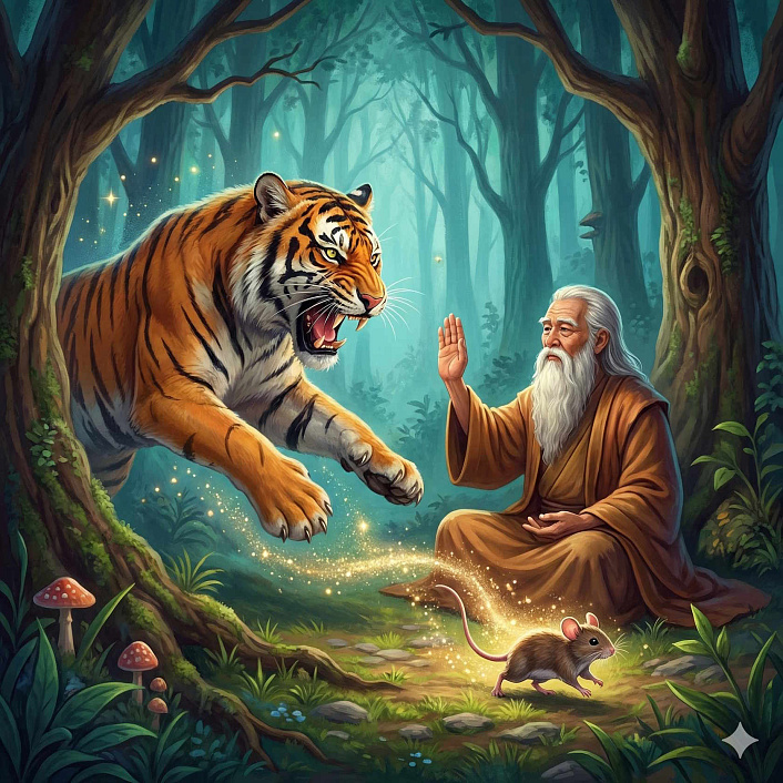 Рисунок отшельника, который превращает нападающего тигра обратно в мышь, финал истории.