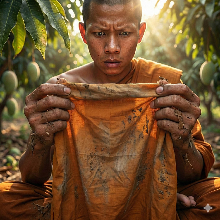 Фото крупным планом монаха с грязной тканью символизирующее непостоянство