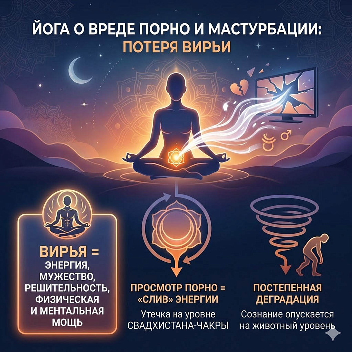 Иллюстрация потери вирьи по концепции йоги. Утечка жизненной энергии через свадхистана-чакру при просмотре порно.