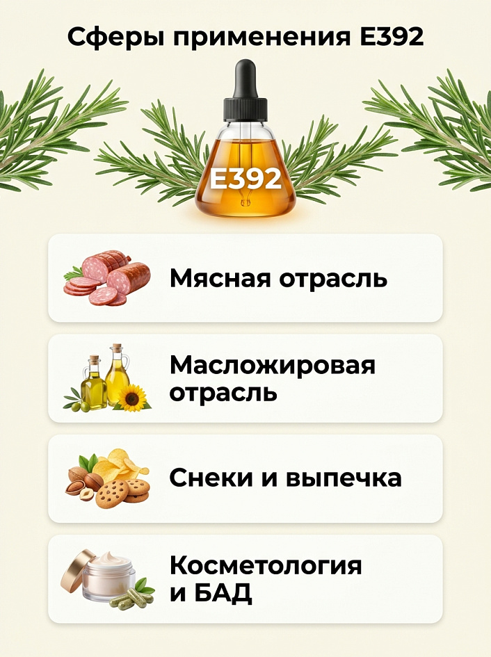 Инфографика с флаконом экстракта розмарина, демонстрирующая сферы применения добавки Е392 в промышленности