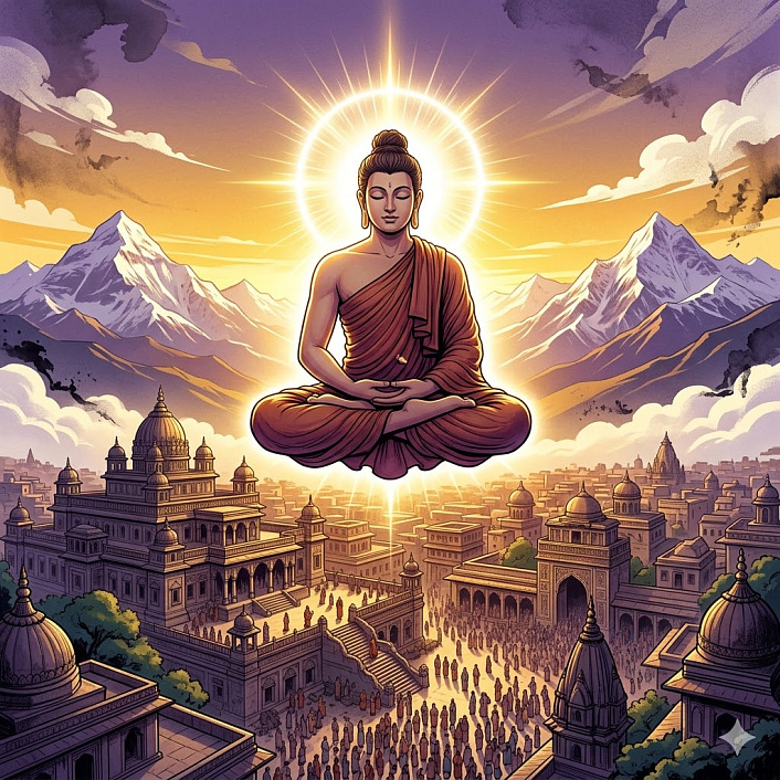 Арт летящего в небе отшельника возвращающегося в Гималаи после победы над страстью