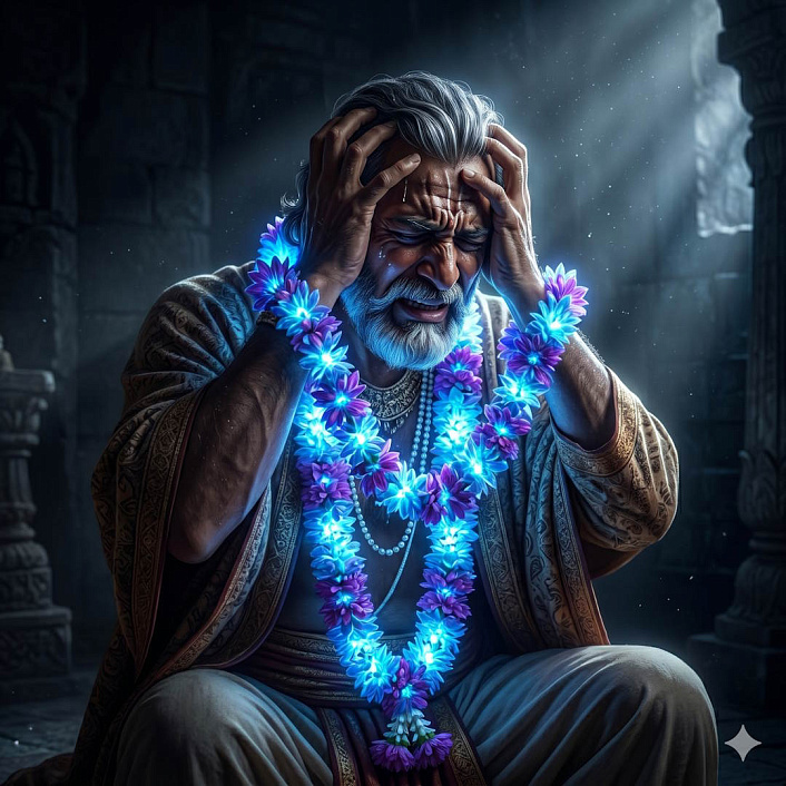 Цифровой арт. Жрец страдает от боли. Кармическое наказание