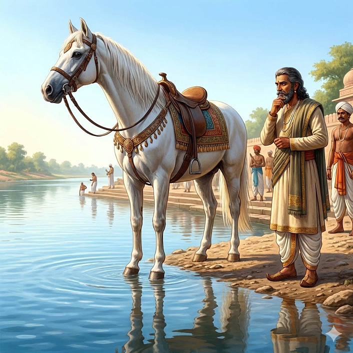 Историческая сцена белой лошади отказывающейся пить воду у реки иллюстрирующая чувство достоинства