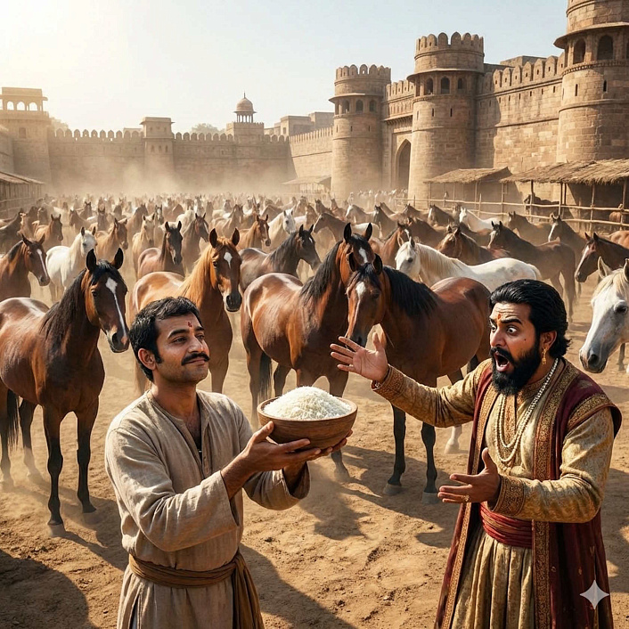 Сцена где оценщик держит миску риса на фоне табуна лошадей символизируя нелепую оценку