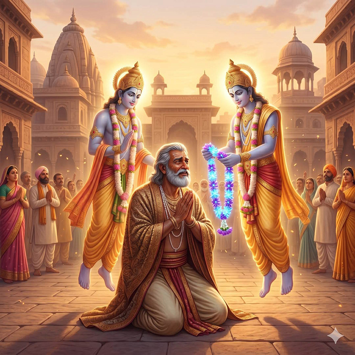 Цифровой арт. Божества снимают гирлянды с раскаявшегося жреца. Освобождение от страданий