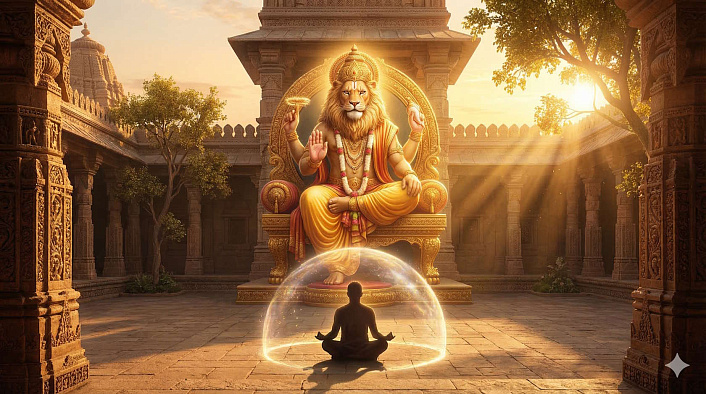 Силуэт медитирующего йога внутри светящейся защитной сферы перед божеством Нарасимхой во время практики мантры