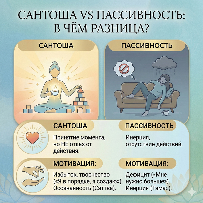 Схема отличий сантоши от пассивности: принятие момента через творчество против инерции и дефицита мотивации