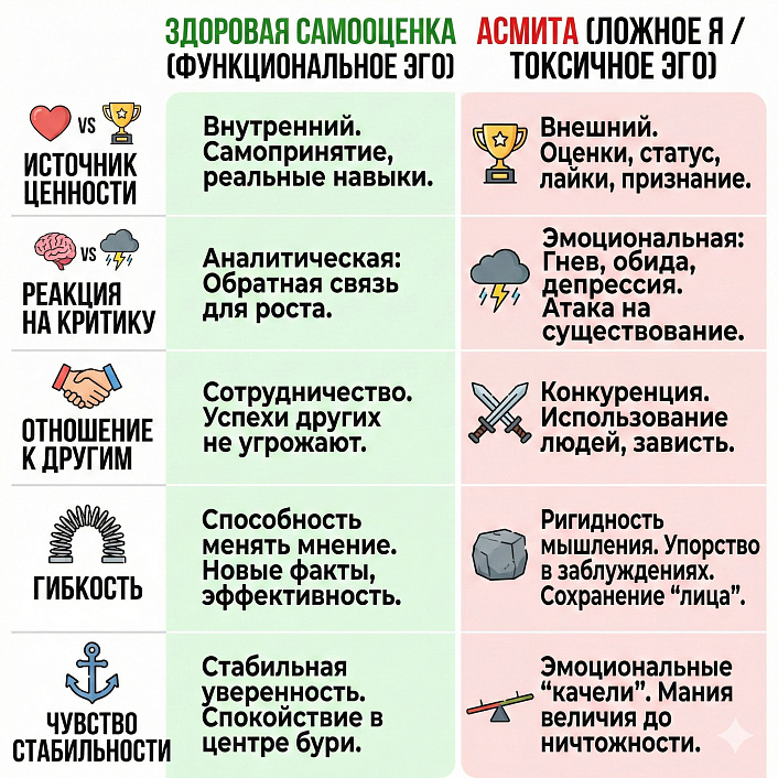 Инфографика таблица сравнения признаков здоровой самооценки и токсичного эго Асмиты по пяти психологическим критериям