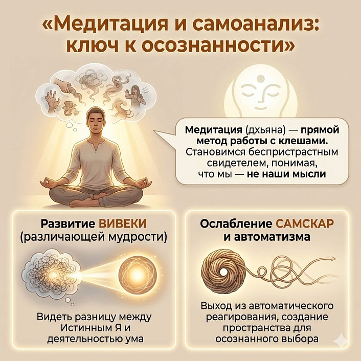 Инфографика: медитация и самоанализ для развития вивеки и работы с клешами