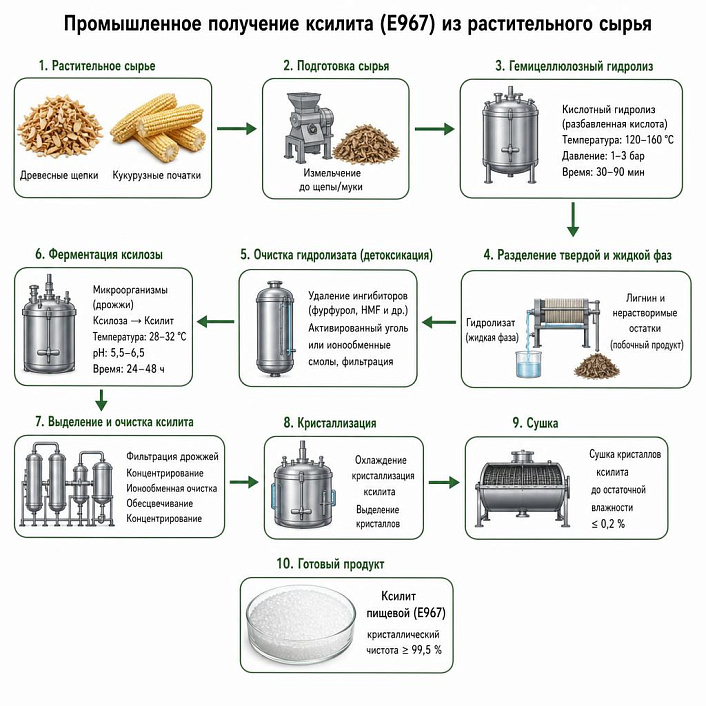 Схема промышленного получения ксилита из растительного сырья