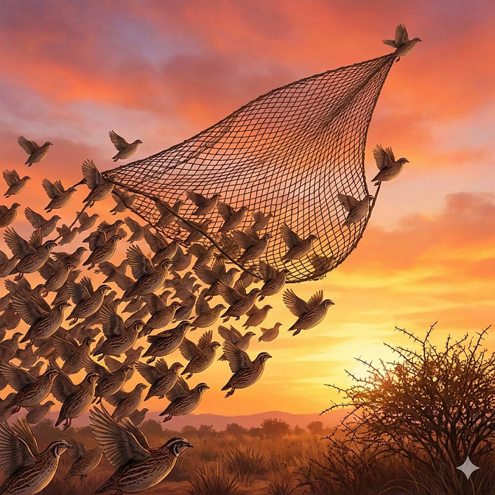Иллюстрация. Стая перепелов дружно поднимает сеть в воздух. Спасение благодаря единству.