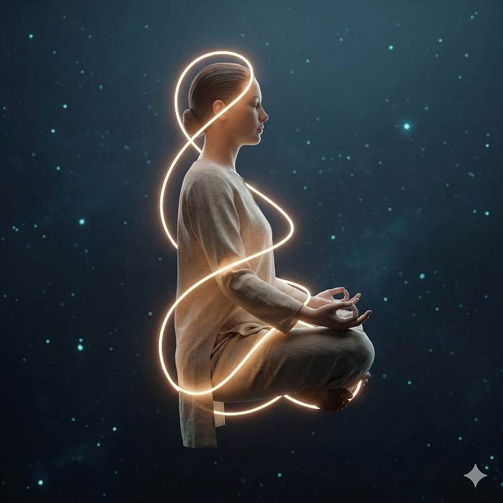 3D-арт силуэта человека с потоком света, замыкание энергетической цепи